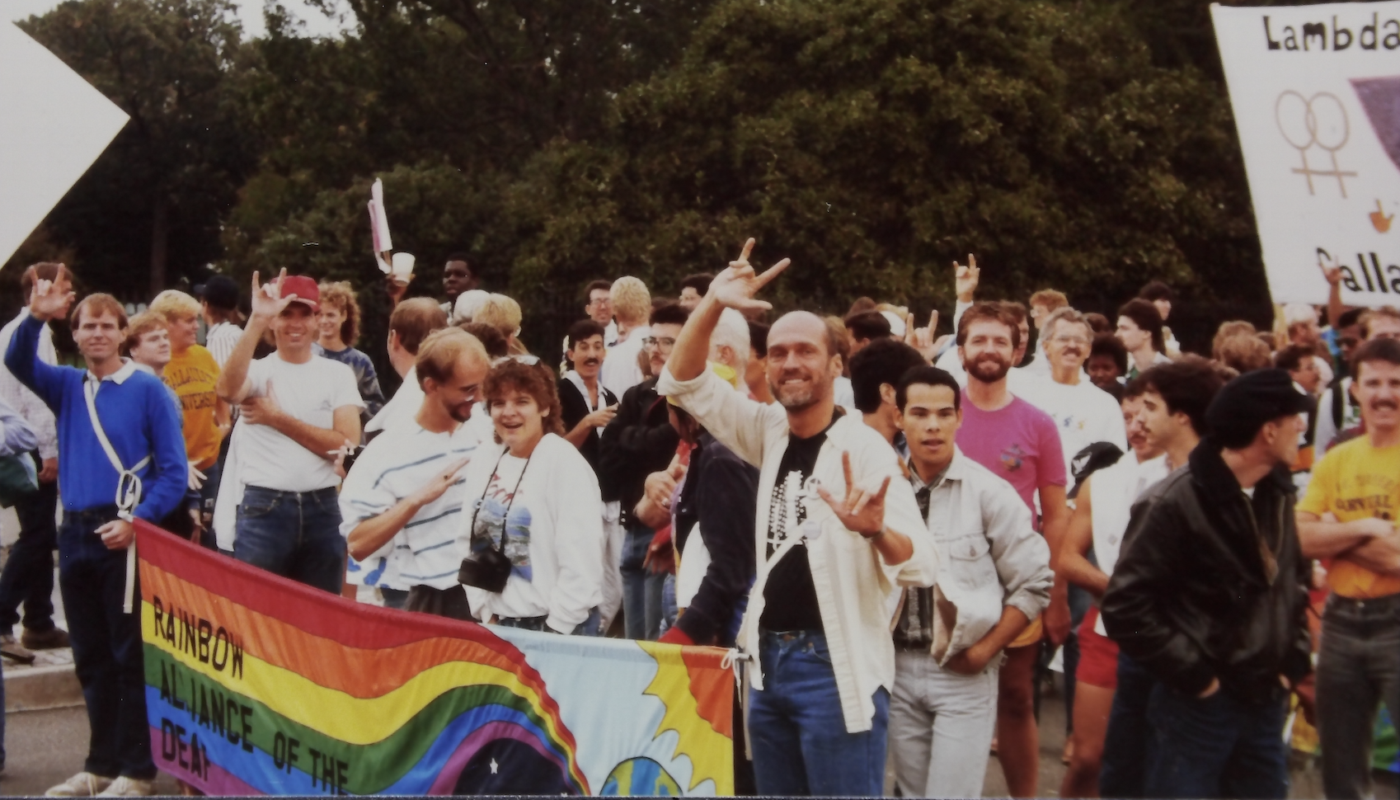 The Capital Metro Rainbow Alliance and Lambda Society of Gallaudet contingents in the 1987 March on Washington for Lesbian and Gay Rights. (Credit: Steven Frank and Ed Knight Collection, Rainbow History Project)